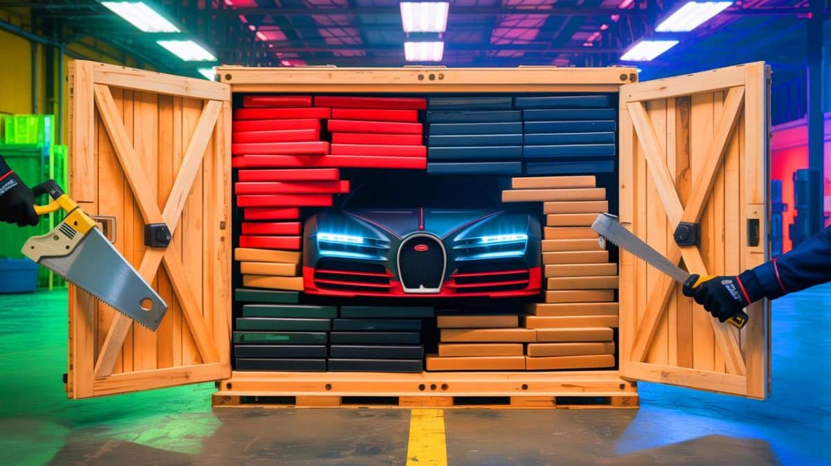 “I Bought a Bugatti on TEMU”: YouTuber Carter Sharer Opens $30,000 Crate to Find Hollow Foam Shell With No Engine Inside Illustration of Carter Sharer unboxing a foam replica of a Bugatti purchased online.