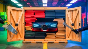 Illustration of Carter Sharer unboxing a foam replica of a Bugatti purchased online.