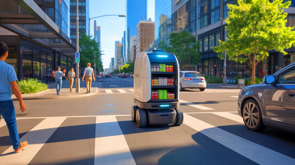 “This Robot Destroys Uber Eats”: Autonomous RM5 Delivers 485 Pounds of Groceries for $3 While Driving 25 MPH Without Humans Illustration of RoboMart's RM5 autonomous delivery robot transporting goods in an urban environment.