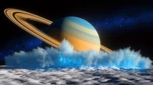 Illustration of Enceladus' water ice plumes erupting from its surface.
