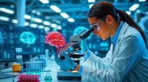 Illustration of researchers using lab-grown brain organoids to enhance artificial intelligence efficiency.