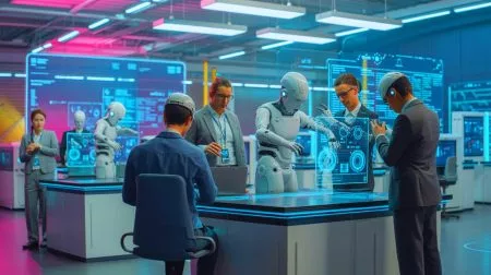 Illustration of engineers transitioning to supervisory roles over AI systems.