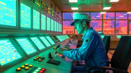 Illustration of a technician working at a nuclear power plant control panel.
