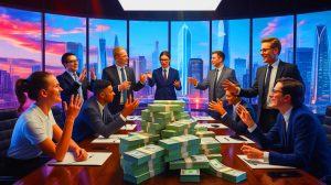 Illustration of Mark Zuckerberg's billion-dollar offer being rejected by an AI startup prioritizing autonomy.
