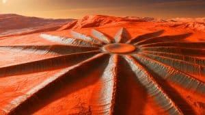 Illustration of the geological formations known as "spiders" on the surface of Mars.
