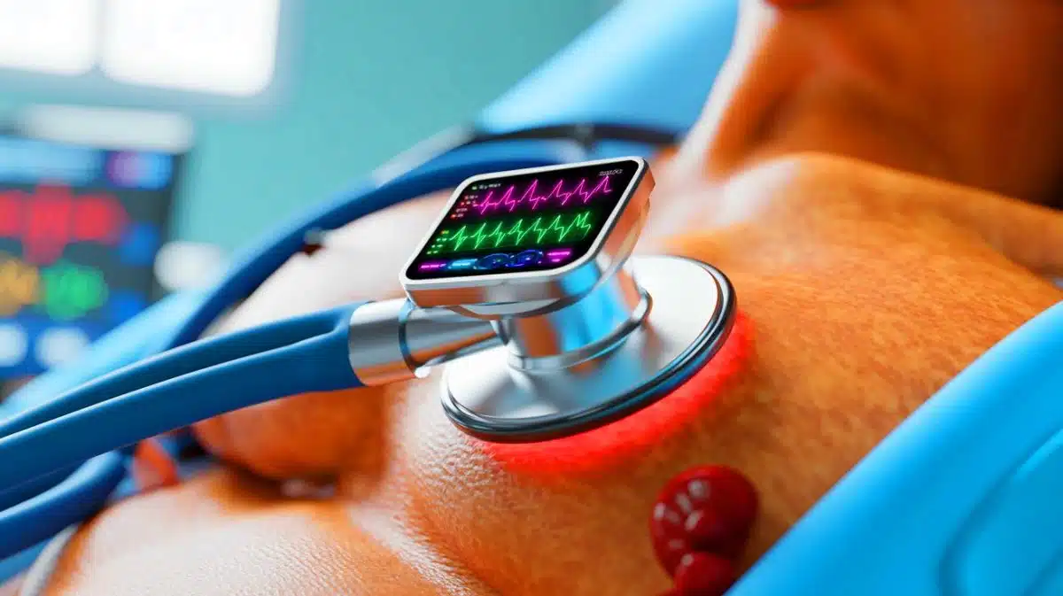 Illustration of an AI-enhanced stethoscope detecting heart conditions in real-time.