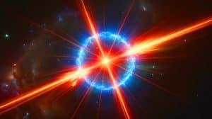 Illustration of a prolonged gamma-ray burst, GRB 250702BDE, observed in space for nearly a full day.
