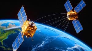 Illustration of a satellite detecting a gravity anomaly over the eastern Atlantic Ocean.