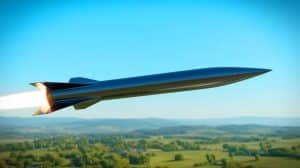 Illustration of the V-MAX hypersonic missile soaring through the sky.
