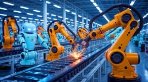 Illustration of robotic hands working on a production line.