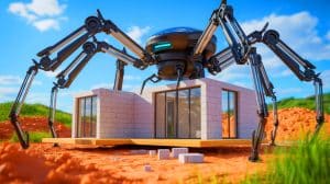 Illustration of a spider-like robot designed for autonomous 3D printing of houses on Earth and the Moon.