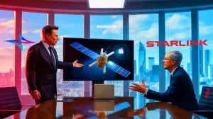 Illustration of Elon Musk's proposal to integrate Starlink's satellite technology with Apple's iPhone.