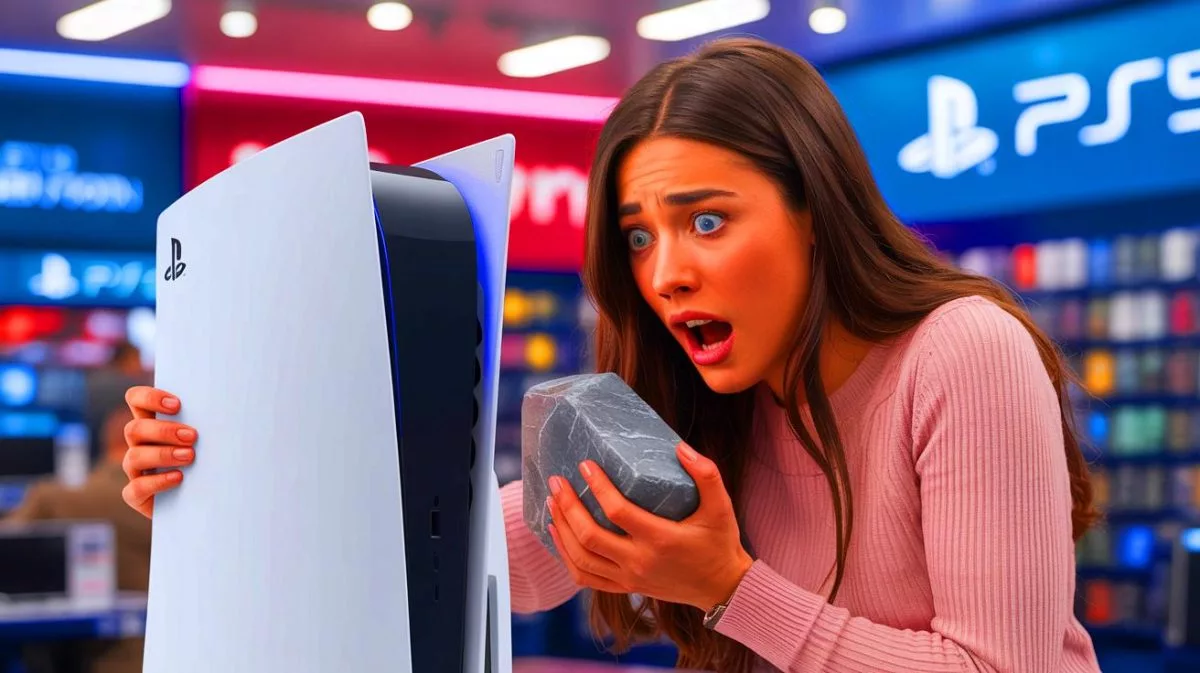 Illustration of a Belgian student discovering a stone in place of a PlayStation 5 during Black Friday purchase.