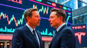 Illustration of Larry Ellison briefly surpassing Elon Musk as the world's richest person due to Oracle's stock surge.