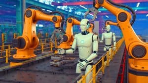Illustration of humanoid robots performing tasks in a shipyard.