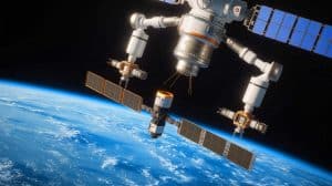 Illustration of a robotic system servicing a satellite in geosynchronous orbit.