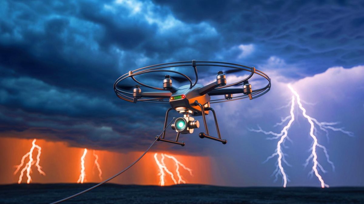 These Flying Machines Redirect Deadly Bolts Using 2,000-Volt Wire System While Scientists Plan Energy Capture Technology Illustration of a drone equipped with technology to attract and redirect lightning.