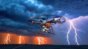 These Flying Machines Redirect Deadly Bolts Using 2,000-Volt Wire System While Scientists Plan Energy Capture Technology Illustration of a drone equipped with technology to attract and redirect lightning.