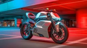 Illustration of a Ducati electric motorcycle powered by solid-state battery technology.