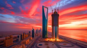 Illustration of the Jeddah Tower rising above the Saudi Arabian skyline, symbolizing architectural ambition and modernization.