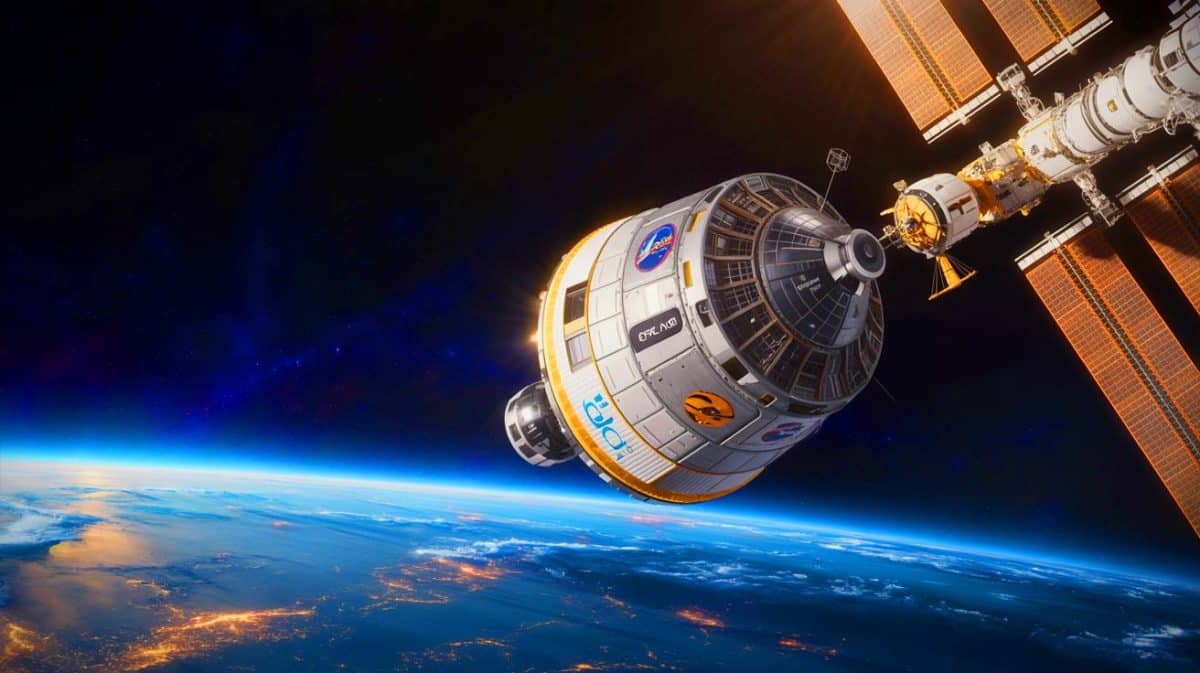 Illustration of the Cygnus XL spacecraft approaching the International Space Station.