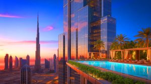 Illustration of the Trump International Hotel & Tower in Dubai featuring the world's highest outdoor swimming pool.