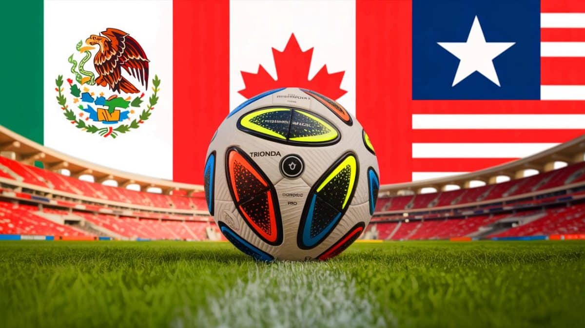 “They Say It’s Too Perfect”: This $400 World Cup Ball Uses AI Sensors to Judge Every Kick (and fans are already divided) Illustration of the Trionda Pro soccer ball featuring advanced technology and design elements representing the 2026 World Cup host nations.
