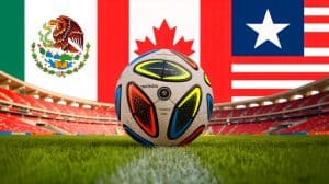 Illustration of the Trionda Pro soccer ball featuring advanced technology and design elements representing the 2026 World Cup host nations.