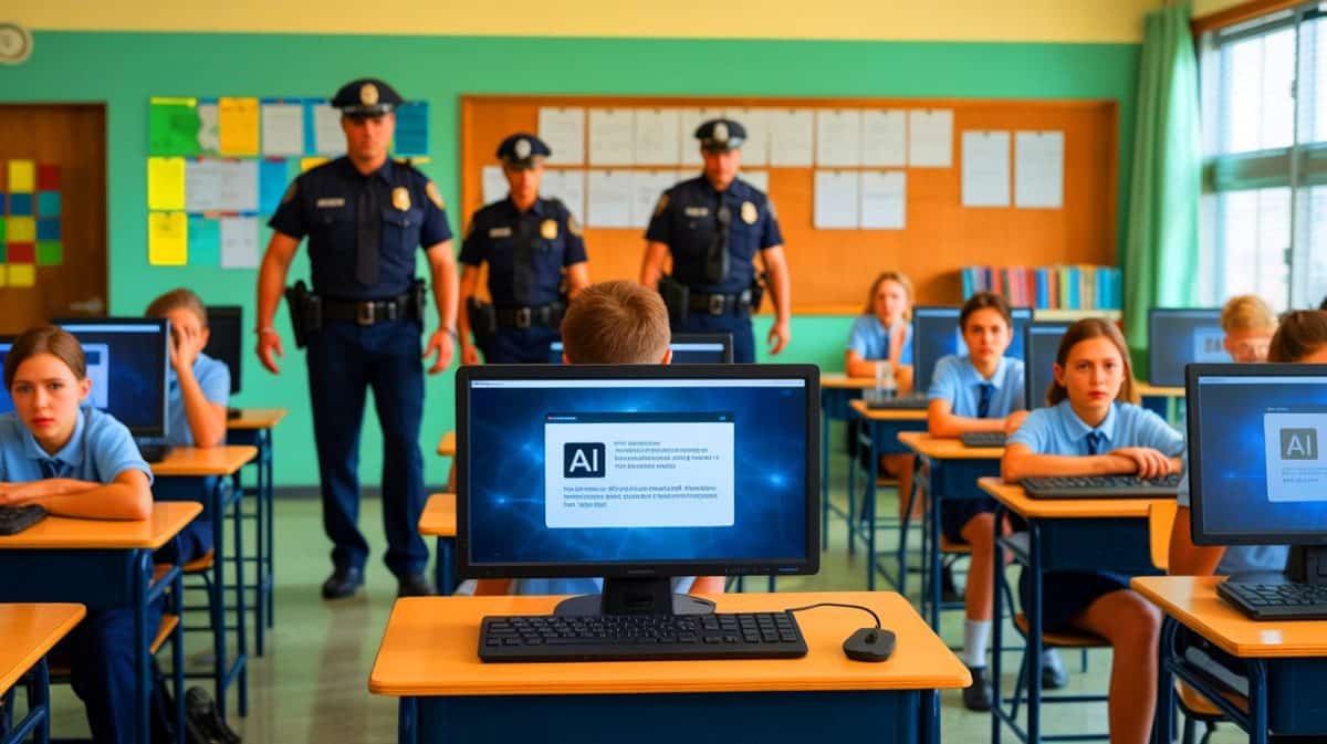 AI Surveillance Spotlights 13-Year-Old’s Arrest After Joke Goes Awry, Raising Concerns on Privacy and Ethics Illustration of a 13-year-old student being arrested after an AI system flagged his classroom joke as a threat.