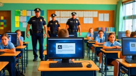 Illustration of a 13-year-old student being arrested after an AI system flagged his classroom joke as a threat.
