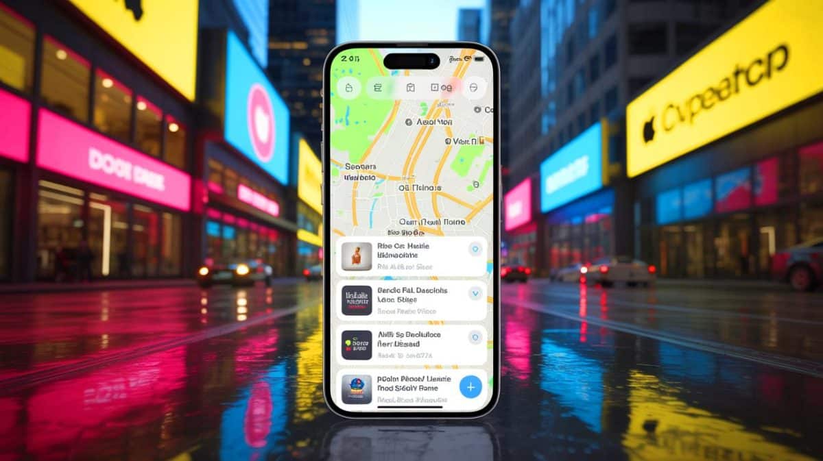 Apple Maps May Introduce Ads in 2024, Sparking Concerns About User Experience and Privacy Illustration of Apple Maps interface potentially featuring advertisements as part of Apple's new strategy.