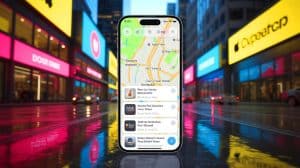 Illustration of Apple Maps interface potentially featuring advertisements as part of Apple's new strategy.