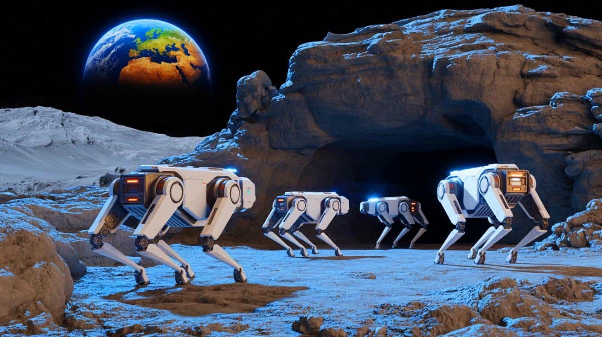 “I Didn’t Expect Them to Move Like That”: China’s Robotic Dogs Are Now Training to Explore the Moon’s Hidden Lava Tubes (and find sites for future bases) Illustration of robotic dogs exploring lunar lava tubes.