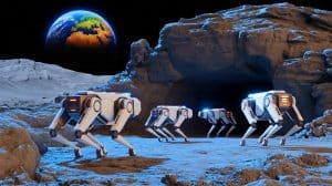 Illustration of robotic dogs exploring lunar lava tubes.
