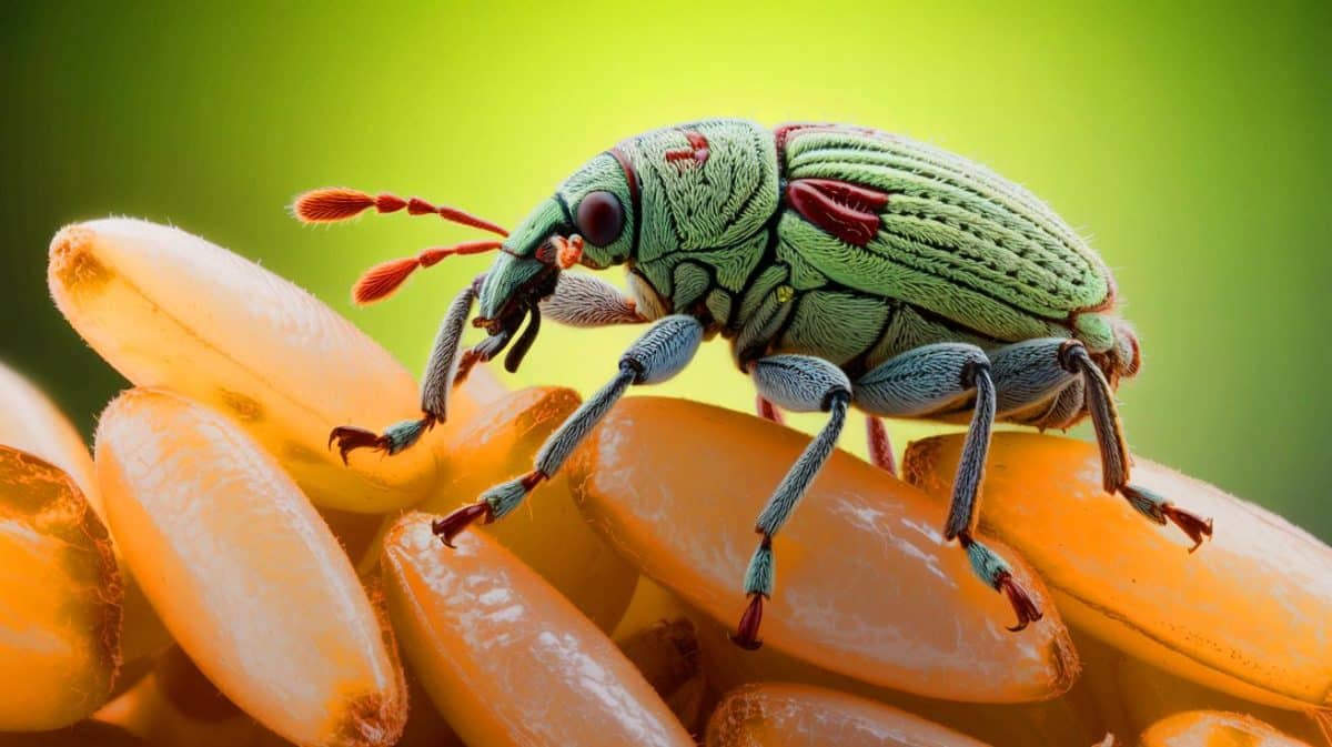Award-Winning Images Reveal the Hidden Beauty of Microbial Life, Transforming Our Understanding of the Smallest Ecosystems Illustration of an astoundingly detailed weevil on a single grain of rice captured through advanced photomicrography techniques.