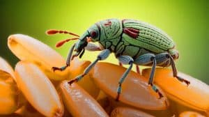 Illustration of an astoundingly detailed weevil on a single grain of rice captured through advanced photomicrography techniques.