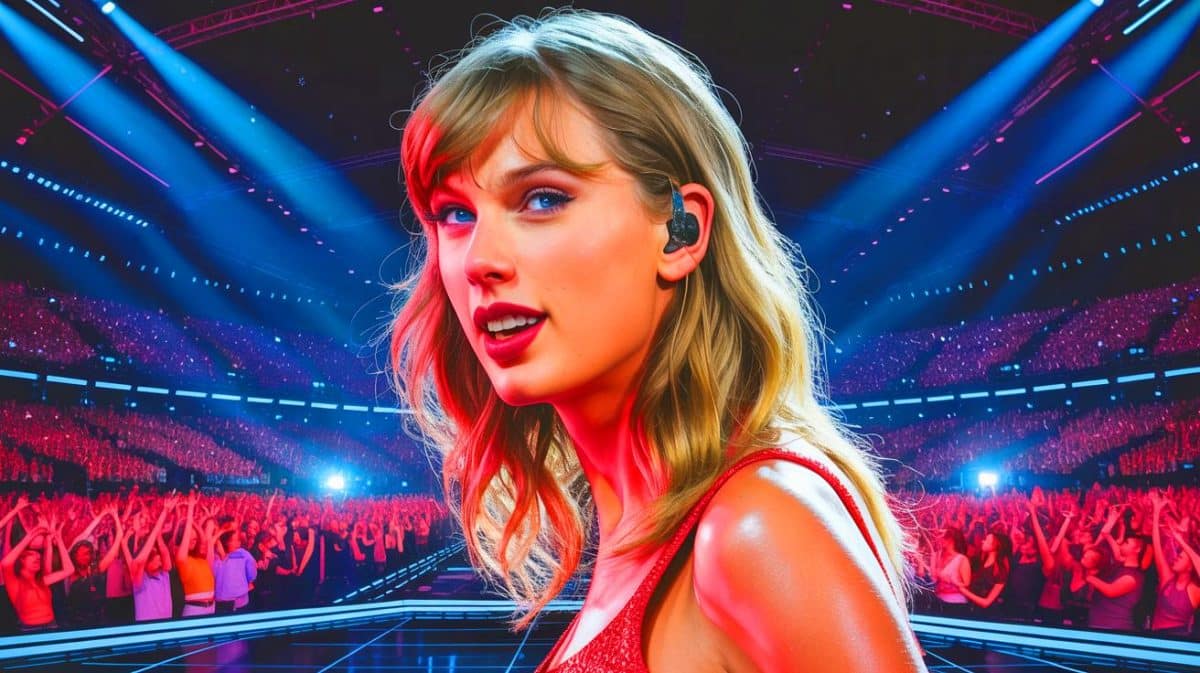 Illustration of Taylor Swift performing on stage during a concert.