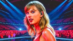 Illustration of Taylor Swift performing on stage during a concert.