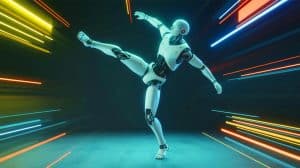 Illustration of the Unitree G1 humanoid robot performing complex Kung Fu moves with agility and precision.