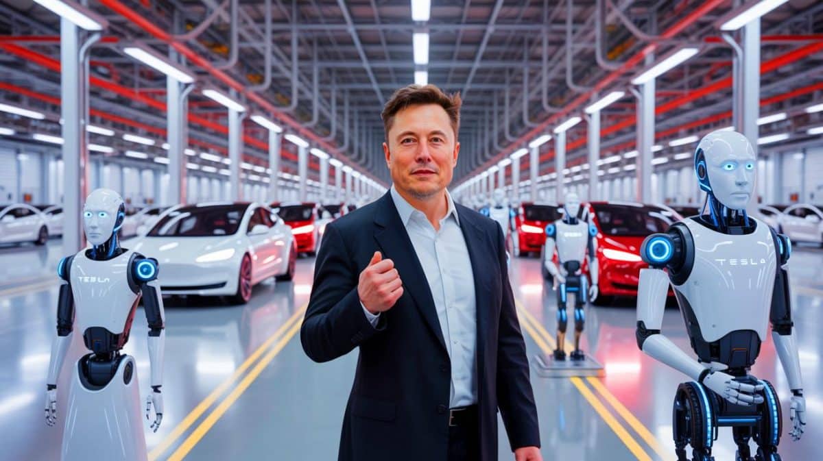 Elon Musk Considers Challenges of Tesla’s ‘Robot Army’ as Company Sees Slight Recovery in Car Sales Illustration of Elon Musk discussing Tesla's strategy for integrating a robot army and AI advancements.
