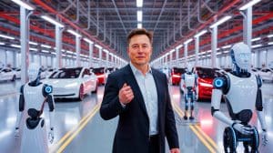 Illustration of Elon Musk discussing Tesla's strategy for integrating a robot army and AI advancements.