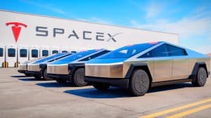 Illustration of Tesla Cybertrucks being redirected to SpaceX and xAI facilities.