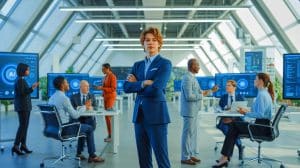 Illustration of a young leader navigating workforce changes at an artificial intelligence company.