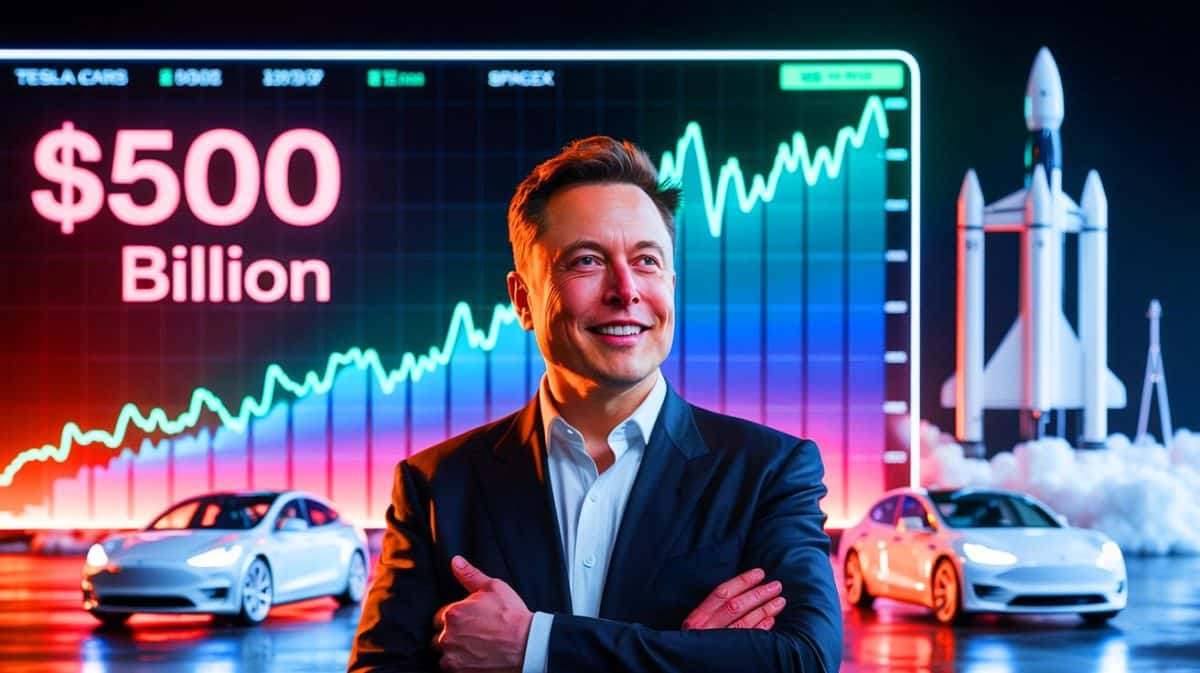 “Markets Crown Musk Unstoppable”: Tesla Surge And SpaceX Boom Push Elon Musk Beyond $500 Billion Despite Fierce Tech Industry Rivalries Illustration of Elon Musk Surpassing a Net Worth of $500 Billion.