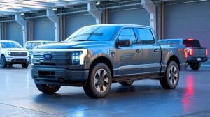 Illustration of Ford's F-150 Lightning production pause due to prioritization of gas and hybrid truck models.