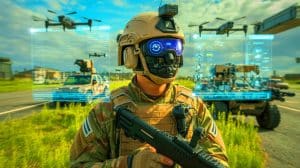 Illustration of Anduril's EagleEye AI-powered system in military operation.