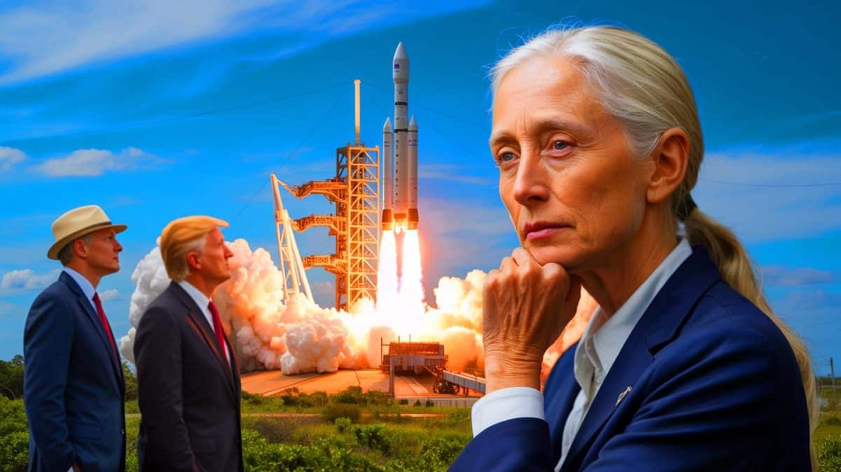 “She Actually Said It”: Jane Goodall Wanted Elon Musk and Donald Trump Sent Into Space (and Her Reason Shocked Everyone) Illustration of Jane Goodall humorously suggesting Elon Musk and Donald Trump be sent into space.