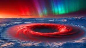 Illustration of the north polar vortex on Mars with extreme cold and rising ozone levels.