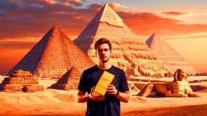 Illustration of MrBeast Exploring the Great Pyramids and Burying Gold Near the Sphinx.
