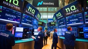 Illustration of Navan's IPO debut on the Nasdaq under a new SEC rule during a government shutdown.